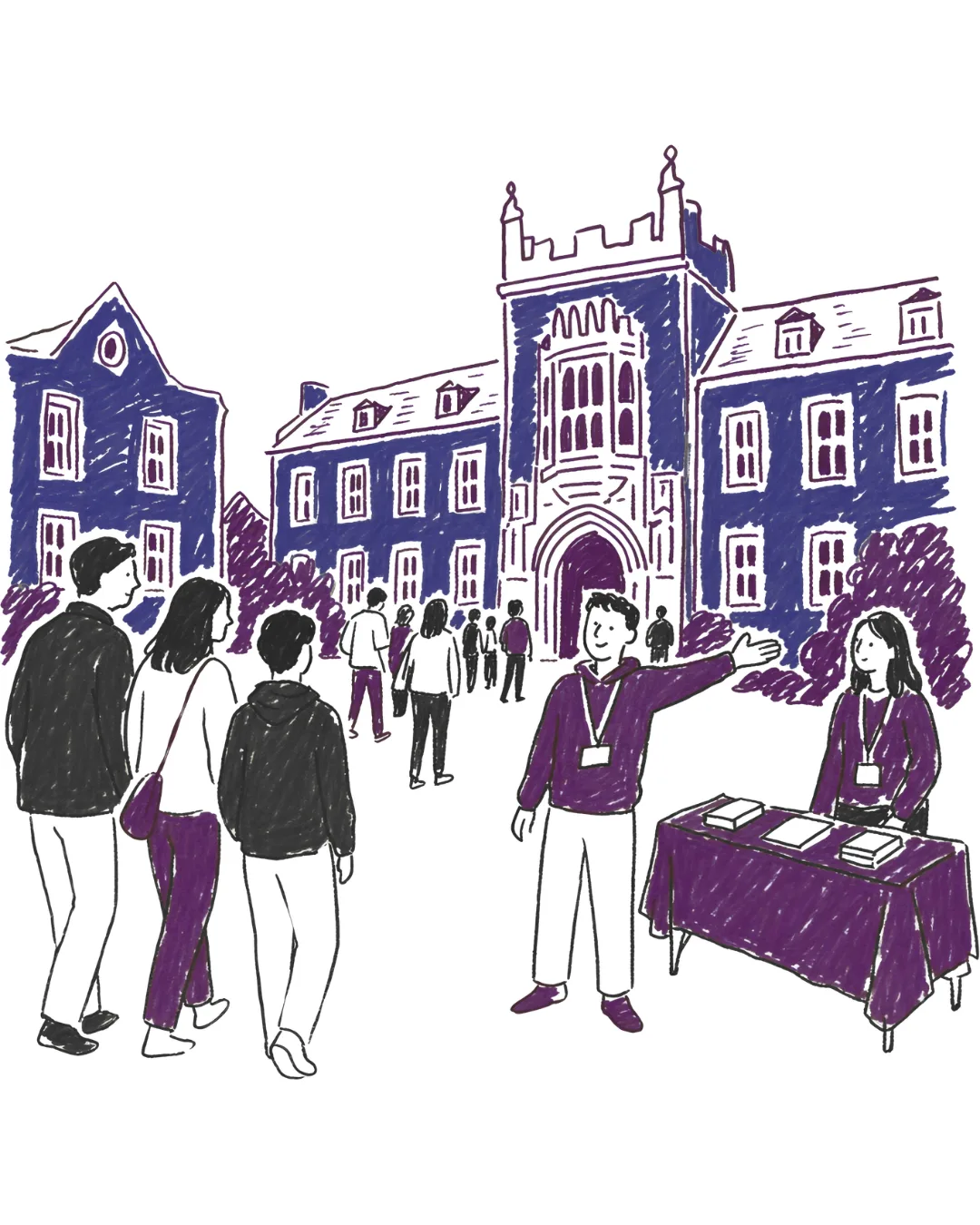Illustration of GenPurple Fellows being welcomed on a university campus